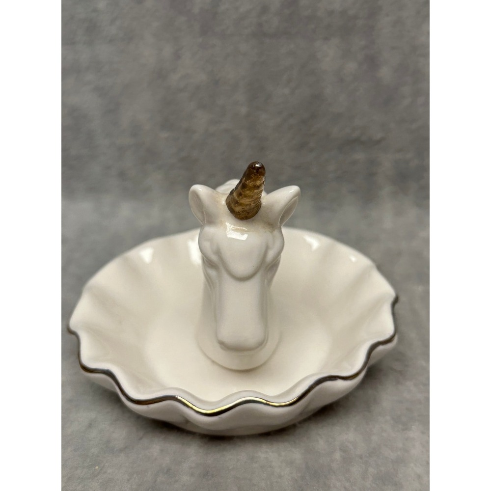 Unicorn Ring Holder White Gold Horn Scalloped Ceramic Trinket Dish
